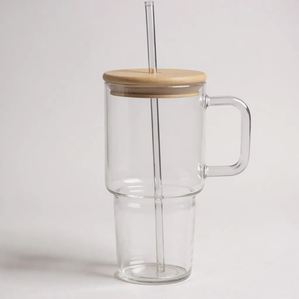 Glass tumbler with lid and straw